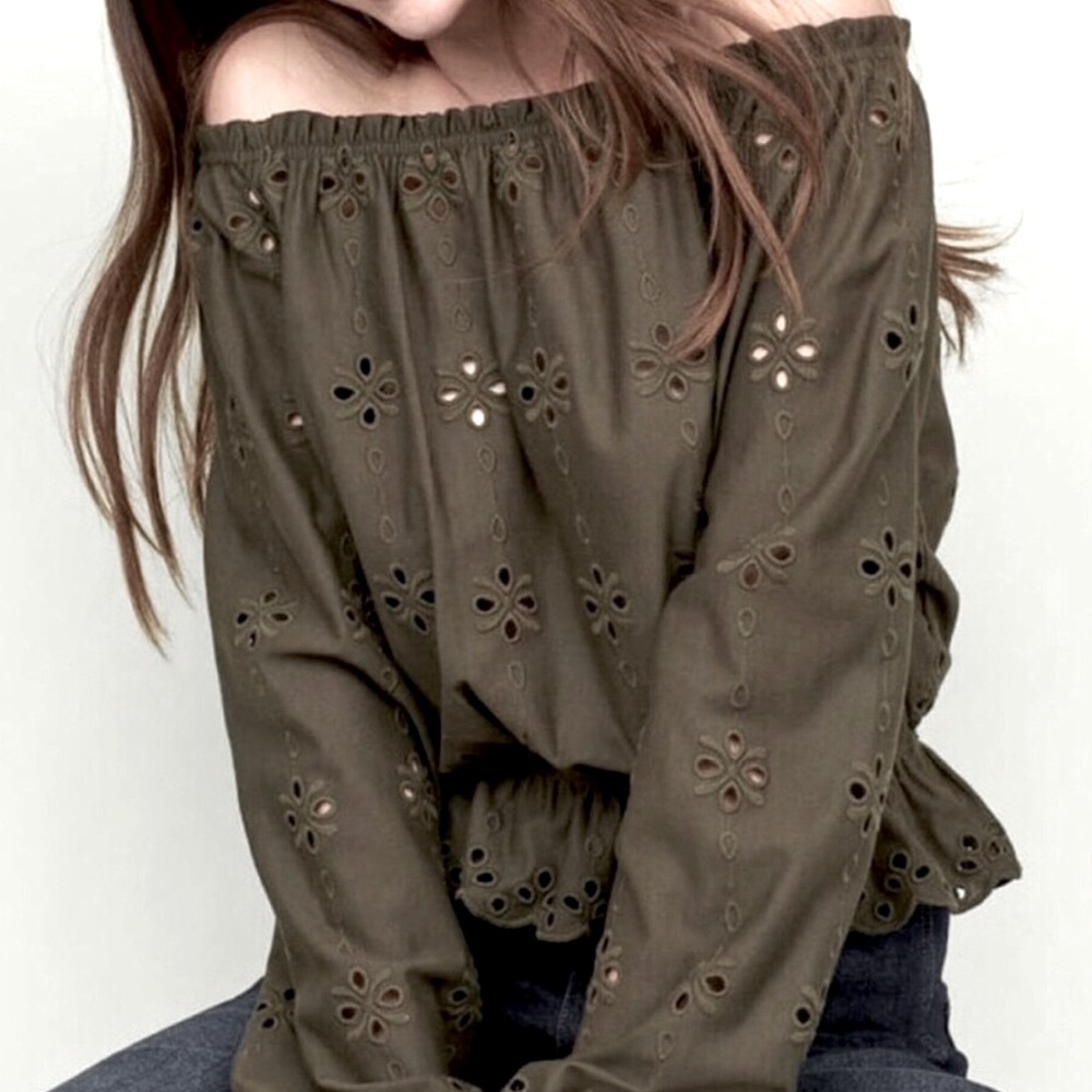 H&M Olive Green Exposed Shoulder Eyelet Top
